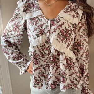 Forte Floral Ruffle Blouse - White and Pink